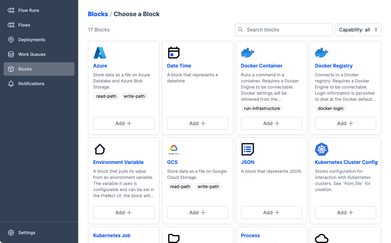 Viewing a list of block types in the Prefect UI