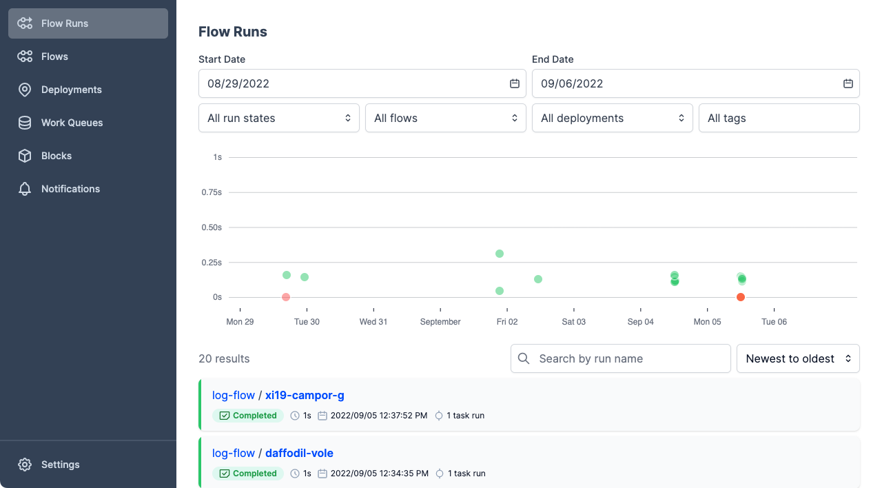 The deployment flow run is shown in the UI run history