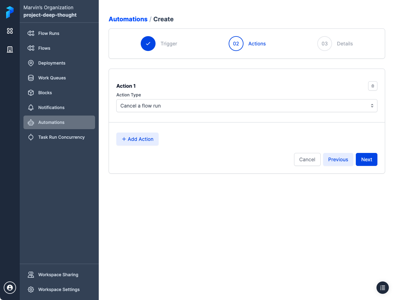 Configuring an action for an automation in Prefect Cloud.