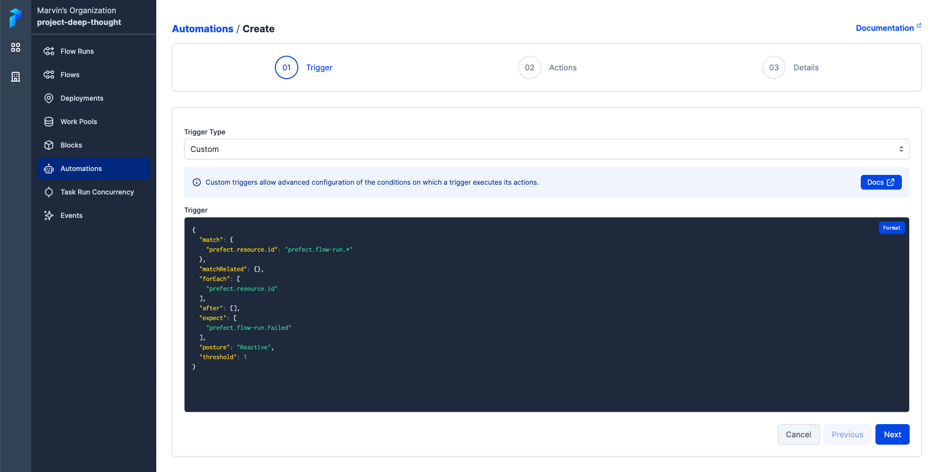 Viewing a custom trigger for automations for a workspace in Prefect Cloud.