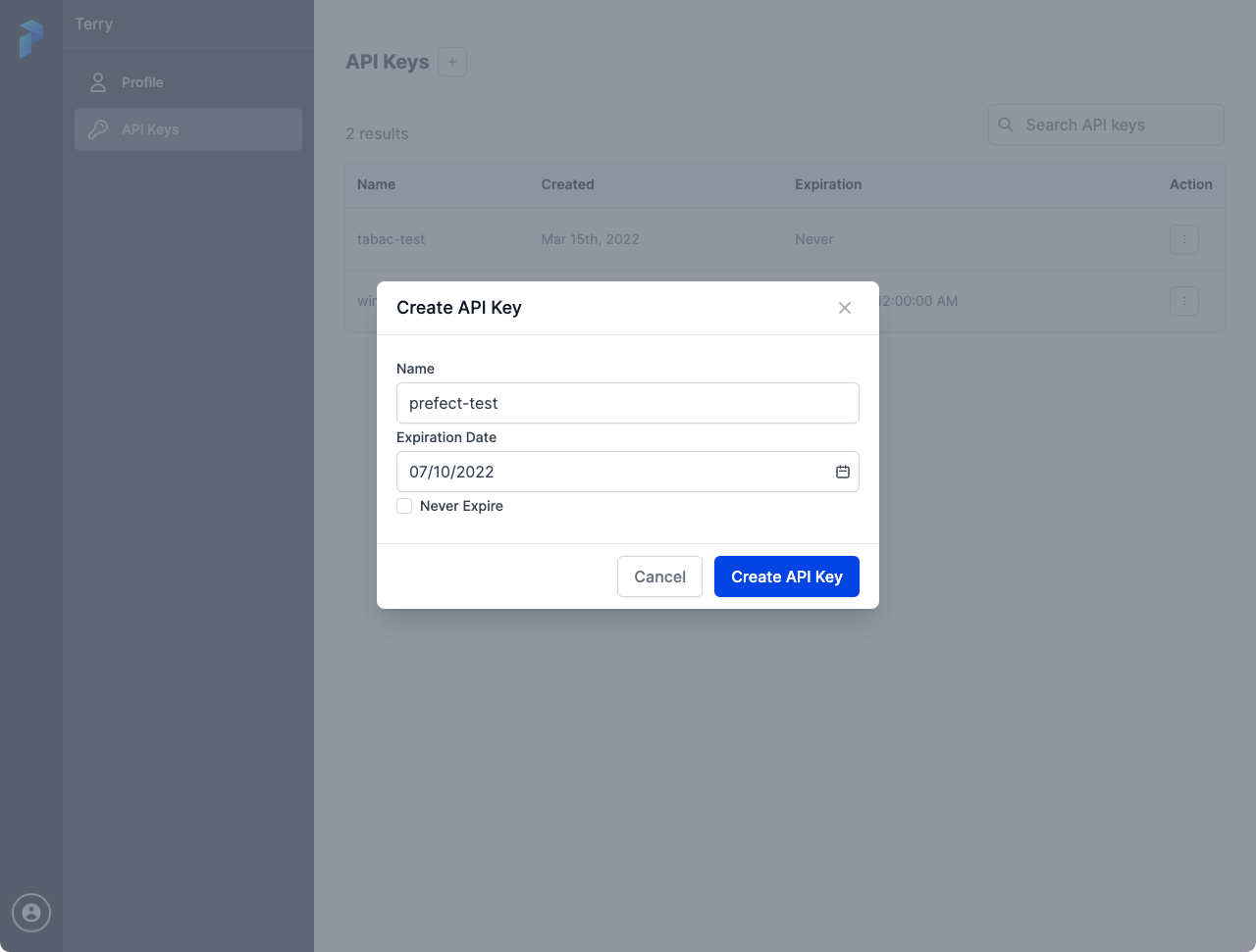 Creating an API key in the Cloud UI.