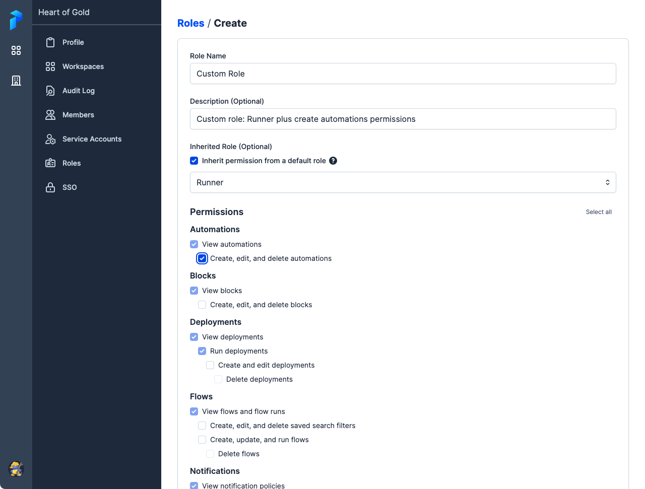 Creating a custom role for a workspace using inherited permissions in Prefect Cloud